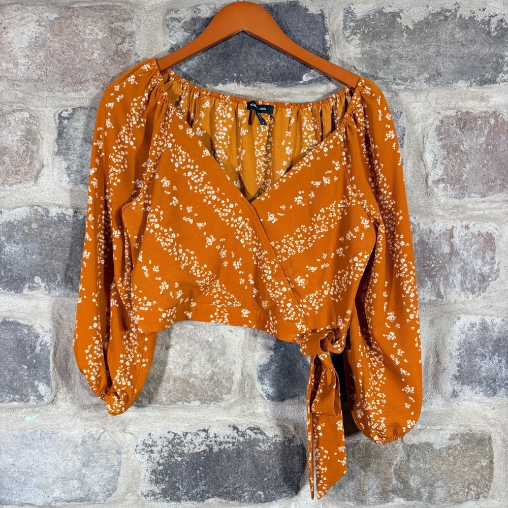 BCBG Paris Womens Burnt Orange Floral Wrap Crop Blouse Balloon Sleeve Size M